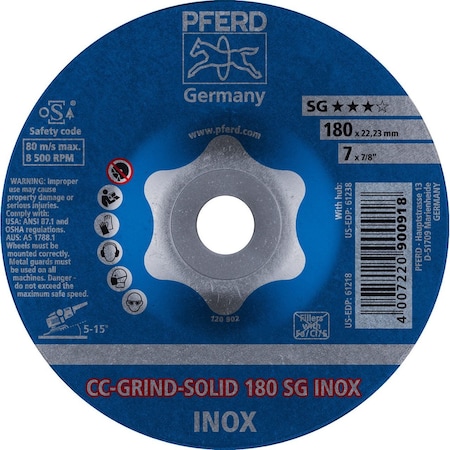 Pferd 61218 7in CC-GRIND-SOLID 7/8in A.H. - SG for STAINLESS / INOX 61218-PFERD